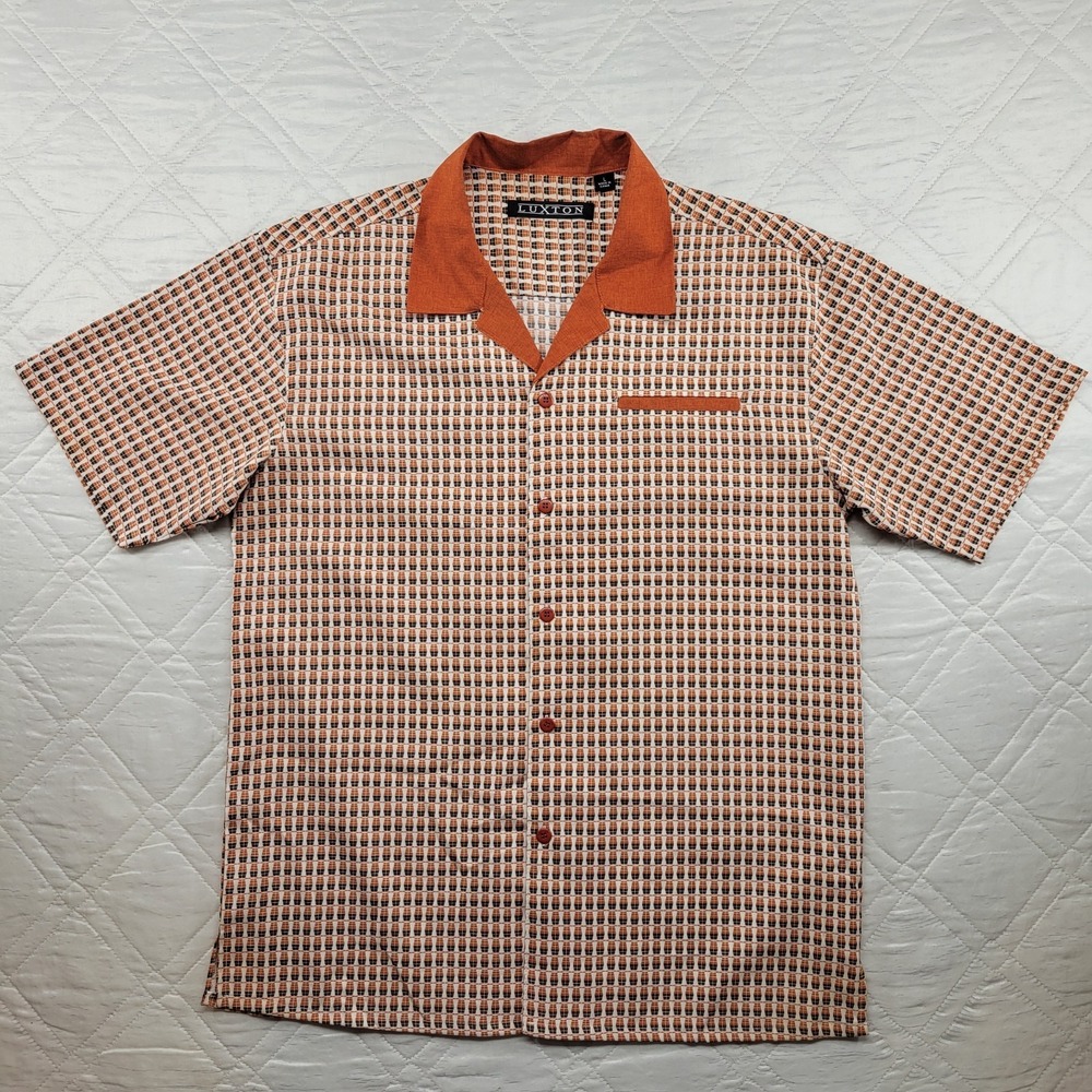 Luxton Polo shirt w/ burnt orange geometric grid design size L
